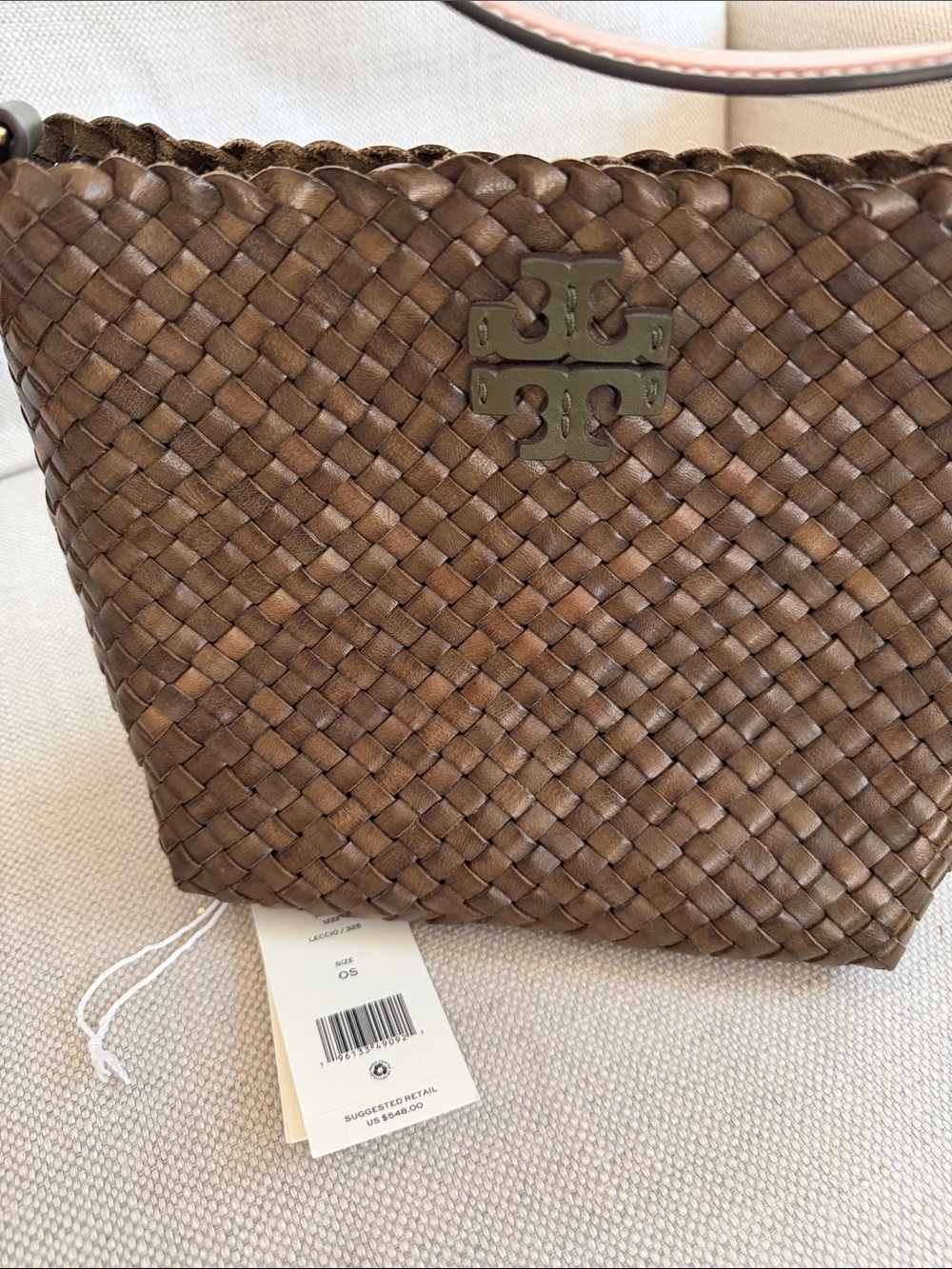 Tory Burch McGraw Woven Leather Crossbody Bucket Bag olive color - Picture 4 of 6